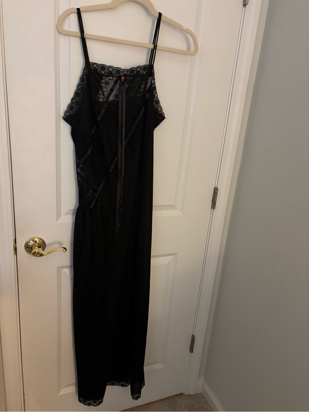 Vintage Gilead Black Lace Nylon Slip Dress Nightgown Rosette Goth Y2K Fairycore